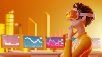 Businessman analyzing financial graphs and data with virtual VR glasses. 3D marketing concept analysis report
