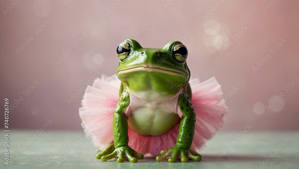 Wall mural Amidst the quiet february day, a true frog takes a leap in its green habitat, donning a delicate pink tutu that brings out its playful and charming amphibian nature - Wall murals