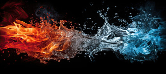 Fire and water are isolated on black background. opposite energy - obrazy, fototapety, plakaty