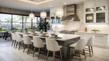 A luxury white kitchen with bar stools sitting at a large island, glass lights hanging from the ceiling, and a beautiful tiled backsplash