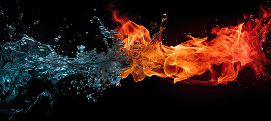 Fire and water are isolated on black background. opposite energy