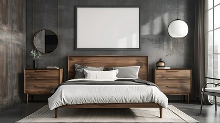 A mockup poster blank frame hanging on a retro chest drawer, above a modern bed, bedroom, Scandinavian style interior design