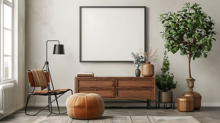 A mockup poster blank frame hanging on a refurbished dresser, above a stylish ottoman, home office, Scandinavian style interior design