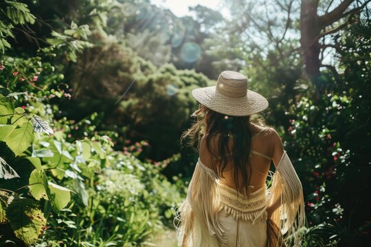 Young woman in boho chic outfit trekking through sun-dappled forest, wearing straw hat and leather boots. Surrounded by lush greenery, wildflowers, and beads, exuding confident, carefree style