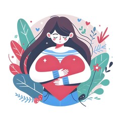Cute girl holding a heart in her hands. Vector illustration.