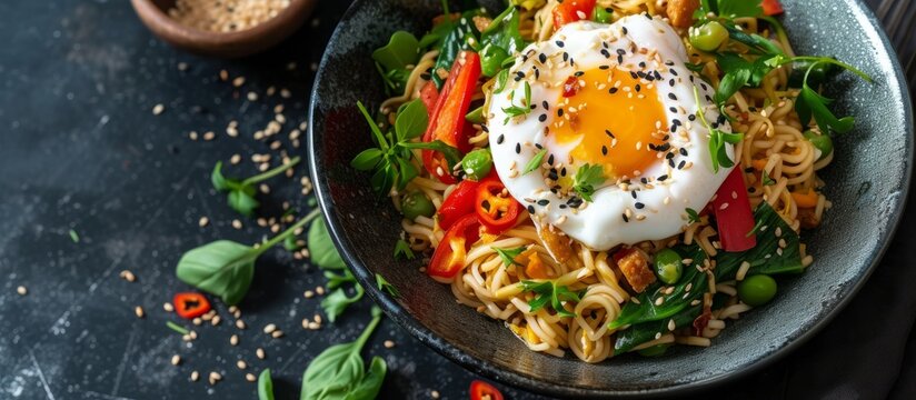 A staple food consisting of noodles topped with a fried egg, a delicious combination of ingredients on a tableware garnished with leaf vegetable