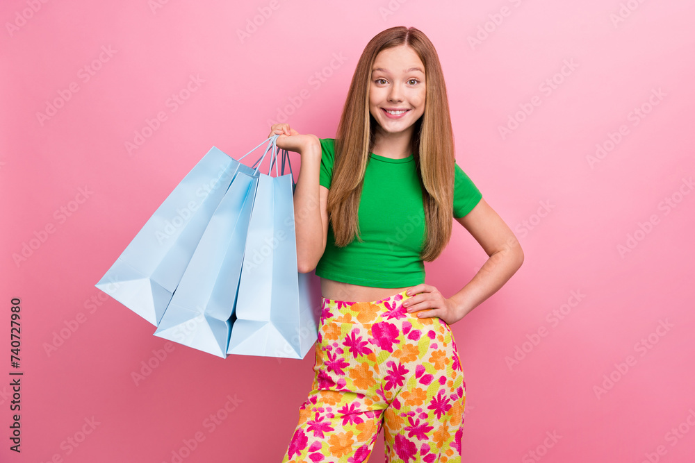 Sticker photo of pretty cheerful adorable girl wear nice outfit hold bags seasonal shopping isolated on pink