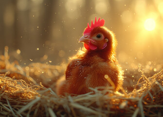 Cute little chicken sits in the hay on farm