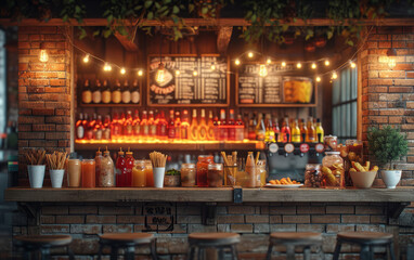 Hotdog bar showing various sides of fries and drink - obrazy, fototapety, plakaty