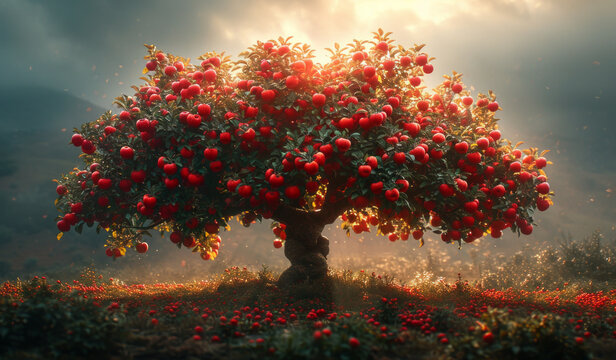 Conceptual image of lush single pomegranate tree in blossom