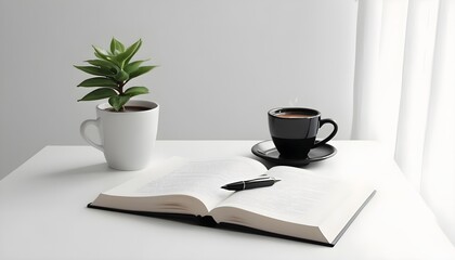 open book with pen on the work table. Minimalistic and simplistic office, work place.