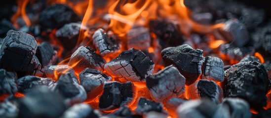 Intense close up of fiery flames over burning charcoal in a mesmerizing display of heat and power