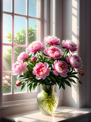 Morning Romance: Pink Peonies Bouquet in Vase on Sunlit Window, Evoking Romantic Atmosphere. generative AI