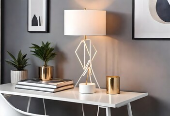 a contemporary table with a gold geometric lamp on top. The lamp has a white shade and a base with multiple intersecting triangular shapes.