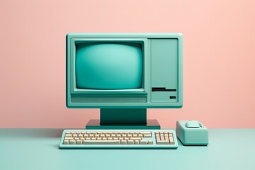 Old Computer from 80s with Dual Floppy Drives in Turquise Pastel Colors. 3D Render