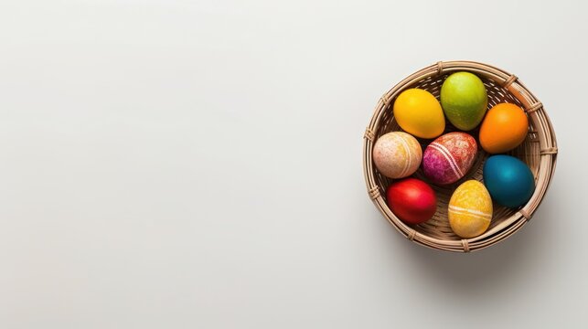 Easter eggs in a basket on minimal white background