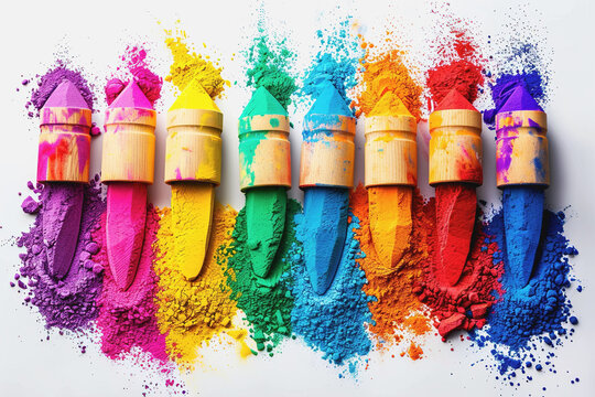 Color powder on a white background, the spectrum used in the Holi festival, creates a bright. AI