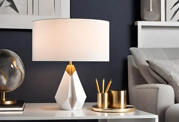 white table lamp with a geometric shade sitting on a white tabl