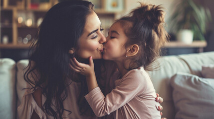 Young mother kissing her daughter in the cheek while sitting on sofa at home - obrazy, fototapety, plakaty