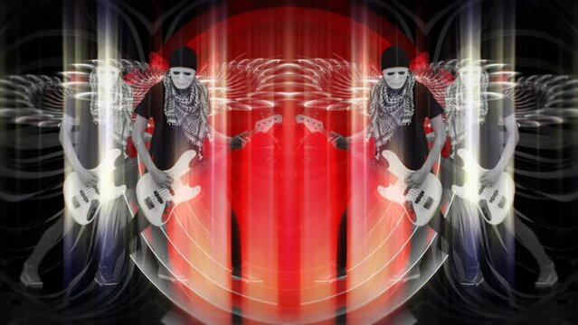 Masked guitarists in white masks mirrored in red pixel sorted kaleidoscope, evil rock seamless VJ loop