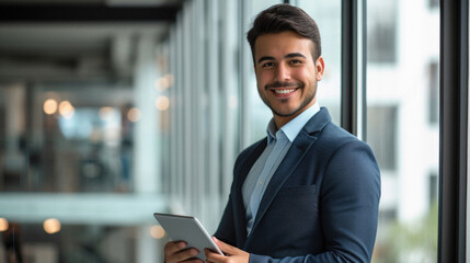 Fototapeta premium Portrait of a young businessman using digital tablet while standing in office
