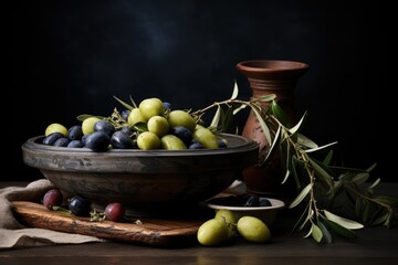A bowl filled with grapes and olives placed on a table.
