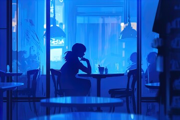 Silhouette of a Woman in a bistro in the night light. Illustration in the style of niji - obrazy, fototapety, plakaty
