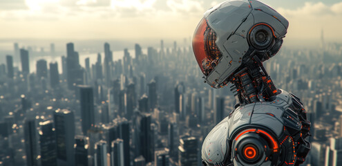 Robot standing and looking on the cityscape. Futuristic, technology and ai development concept.