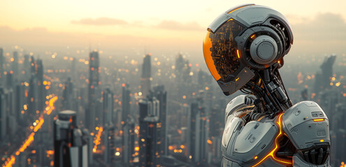 Fototapeta premium Robot standing and looking on the cityscape. Futuristic, technology and ai development concept.
