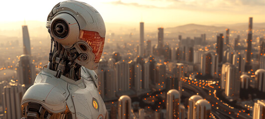 Robot standing and looking on the cityscape. Futuristic, technology and ai development concept. - obrazy, fototapety, plakaty