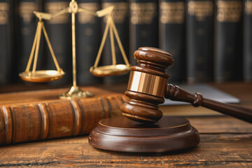 Law theme, Judge gavel, law scales, Law concept of Judiciary, Jurisprudence, and Justice. AI