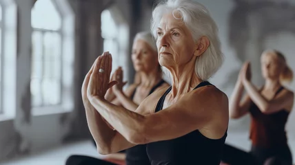 Poster Older women practice yoga, meditate in yoga classes and lead an active and healthy lifestyle. Retirement hobbies and leisure activities for the elderly. Bokeh in the background.  © Mariia Mazaeva