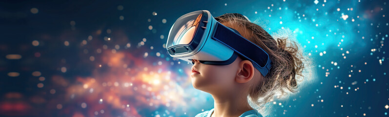 Naklejka premium Child standing in virtual reality googles. Future innovation and knowledges concept.