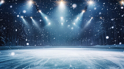 Ice hockey arena at night with lights and falling snow. Winter background