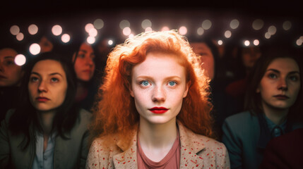 Portrait of a young woman in a crowded cinema