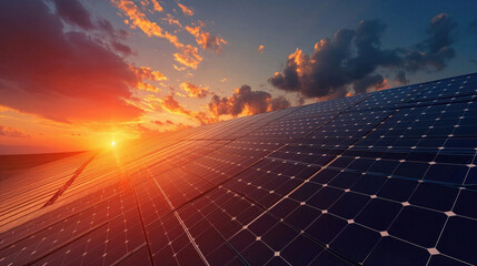 Solar energy panels at sunset, photovoltaic power plant