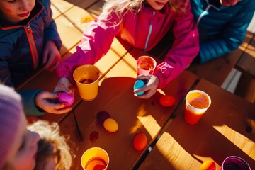 Focused kids immersed in decorating Easter eggs with bright dyes on a sunny wooden table. Intense...