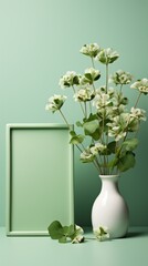 A white vase filled with flowers placed next to a picture frame.