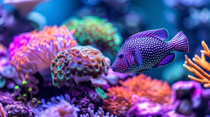 Naklejka na ściany i meble Vibrant triggerfish swimming amid colorful corals in a saltwater aquarium environment