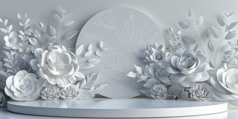 White podium background for product, Symbols of love for women's holiday, Valentine's Day, 3D rendering paper flowers with empty space for text or greeting card design. Postcard	