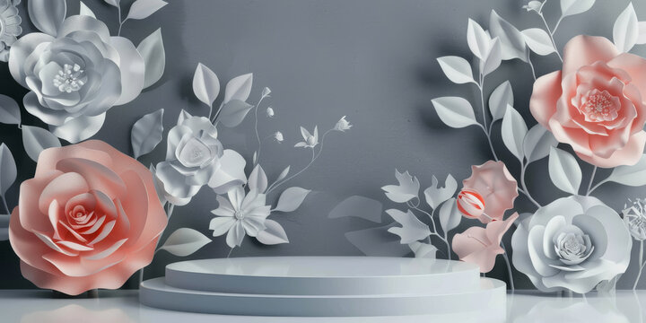Podium background for product, Symbols of love for women's holiday, Valentine's Day, 3D rendering paper flowers with empty space for text or greeting card design. Postcard	