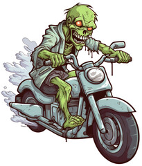 Zombie rides an electric scooter cartoon style sticker