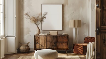 A mockup poster blank frame hanging on a vintage armoire, above a chic ottoman, home office, Scandinavian style interior design