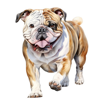 A walking English bulldog watercolor clipart illustration on transparent background
