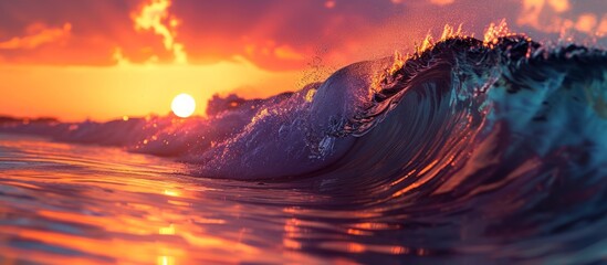 A beautiful wave is cresting in the ocean as the sun sets, creating a stunning natural landscape with a colorful sky and calm atmosphere.