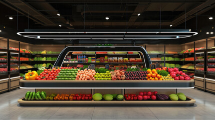 Supermarket interior with shelves full of fruits and vegetables . - obrazy, fototapety, plakaty