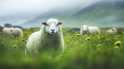 Sheep on green pastures on blurred background - obrazy, fototapety, plakaty