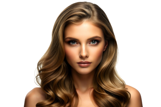 Experience luxurious haircare, beauty, and relaxation with a woman flaunting long, luscious locks in a salon treatment, set against a transparent background. This model exudes style, texture, and volu