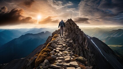Path of person success on mountains. Mountain climbing progress route to peak. Business journey. Generative AI - obrazy, fototapety, plakaty