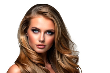 Fototapeta premium Haircare, beauty and relax with woman with long hair, luxury and salon treatment isolated on a transparent background. Person, Brazil and model with style, texture and volume with png, shine and glow